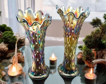 Vintage 10&quot; Northwood Amethyst Tree Trunk Carnival Glass Swung Vase – Iridescent Pressed Glass Rainbow Luster, Rustic Woodland Vase