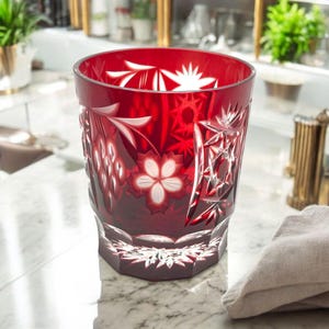 Vintage Ajka Marsala Ruby Red Old Fashioned Whiskey Glass, Cut-to-Clear Crystal, Bohemian Heavy 13oz Tumbler, Vintage Hungarian Barware