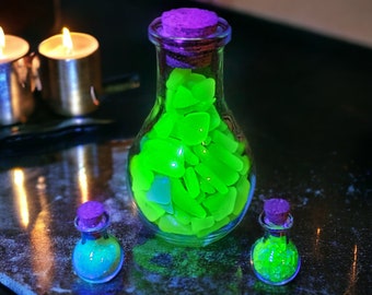 Crushed Uranium Sea Glass in Large 3.5" Cork-Top Potion Vial, Green Glowing UV-Reactive, Lovers of Uranium Glass & Curiosities/Oddities