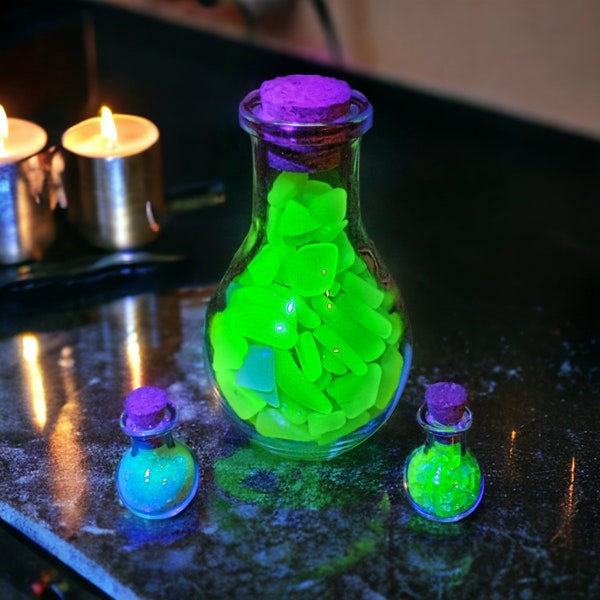 Crushed Uranium Sea Glass in Large 3.5" Cork-Top Potion Vial, Green Glowing UV-Reactive, Lovers of Uranium Glass & Curiosities/Oddities