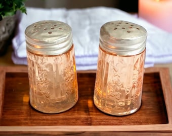 Vintage Federal Glass &quot;Sharon Pink&quot; Cabbage Rose 2.5&quot; Salt and Pepper Shakers with Metal Lids
