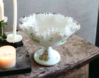 Fenton Milk Glass Violet's in the Snow Round Compote, Silver Crest Footed Pedestal Bowl, Handpainted by T. Thomas
