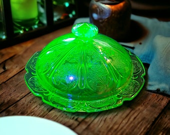 Vintage Jeannette Cherry Blossom Green Round Covered Glass Butter Dish with Lid, Uranium Depression Glassware