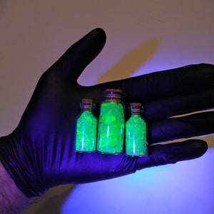 Crushed Green Uranium Sea Glass in Cork-Topped 2 Potion Vial, UV-Reactive Glowing, Lovers of Uranium & Curiosities/Oddities, Gifts under 20 One 10ml & TWO 5ml