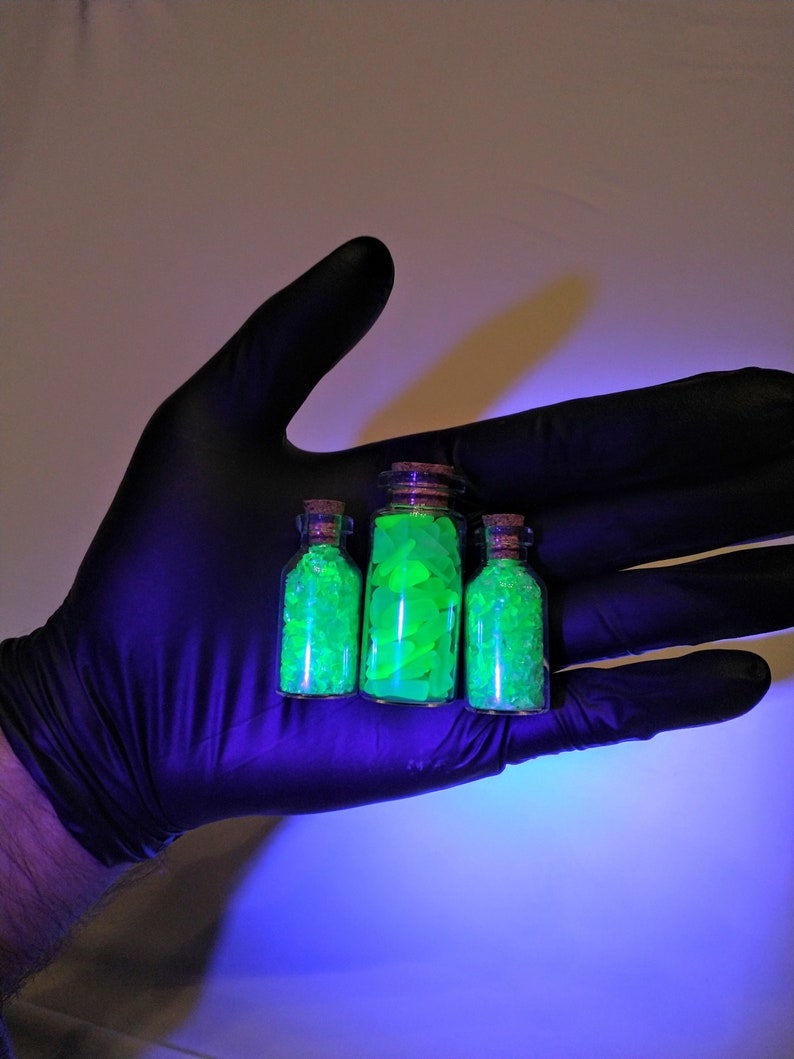 Crushed Green Uranium Sea Glass in Cork-Topped 2 Potion Vial, UV-Reactive Glowing, Lovers of Uranium & Curiosities/Oddities, Gifts under 20 One 10ml & TWO 5ml
