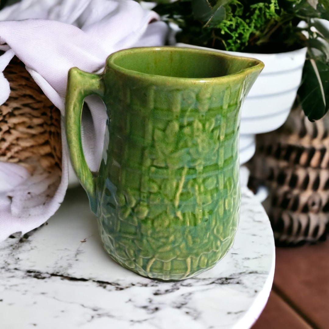 Antique Mccoy 9 Stoneware Basketweave Morning Glory Pitcher, Vintage