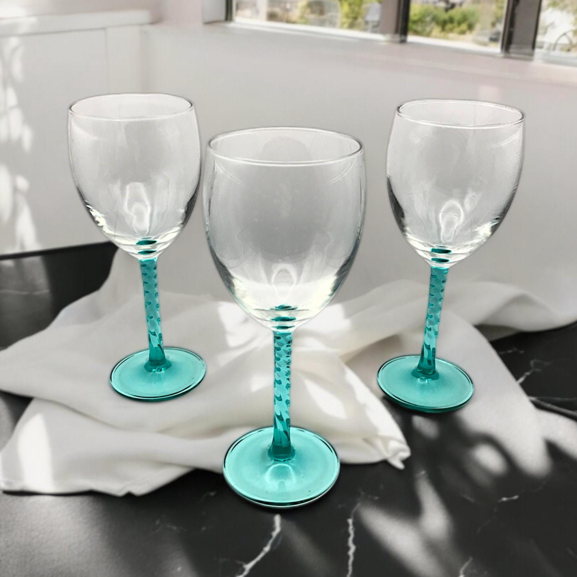 Vintage Cristal D'Arques 'Angelique Aqua' Wine Glasses, Twisted Aqua Green Stem, 7 5/8" Tall, Teal French Crystal Stemware Set of 3 Glasses
