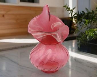 Vintage 8.5&quot; Fenton Cranberry Jack-in-the-Pulpit Flower Vase, Optic Swirl Pattern