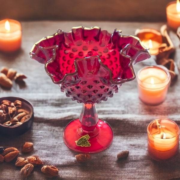 Fenton Hobnail Amberina Crested Ruby Red Pedestal Compote Ruffled Crimped Edge Candy Dish, Cadmium UV Reactive