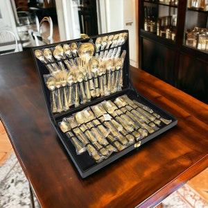 Vintage [New] WM Rogers & Son Gold-Plated Flatware 51 Piece Set in Leatherette Case, Gold Silverware Complete Set