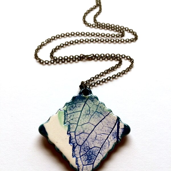 Medium Blue Green Teal Square Ceramic Leaf Pendant