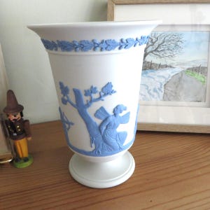 Wedgwood Jasperware blue on white vase, Gift for the home, Gift for her, Jasperware collector, Arcadian vase, White Wedgwood, Gift for Mom