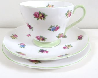 Shelley 1930's  Pink and green  roses  English  bone china Tea Trio