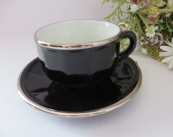 Apilco vintage 1980's black and platinum  coffee cup and saucer, Black coffee cup, Apilco cup, French vintage, Bistro ware, French Porcelain