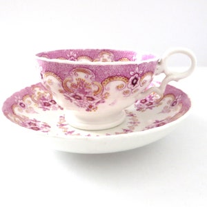 Antique Victorian  pink  and berry red Floral Bone china Teacup and Saucer