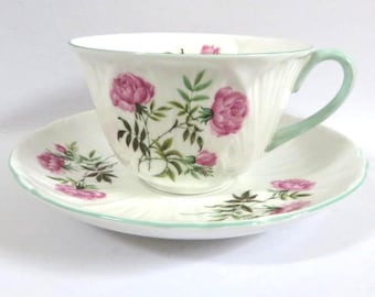 Shelley 1940's vintage  Pink and green floral bone china large teacup and saucer