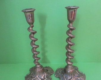 Antique pair of brass 19th century Gothic candlesticks, Barley twist Candlesticks Brass candleholders, Christmas decor, Ornate candlesticks