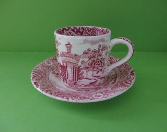 W.R. Midwinter pink 1930's  Landscape small coffee cup and saucer, Gift for her, Pink coffee cup, Red Landscape cup, Small coffee cup