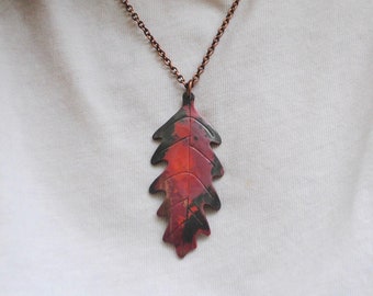 Red English oak leaf necklace, recycled copper