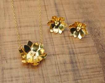 Water lily jewellery set, Gold vermeil & recycled silver (earrings and necklace)