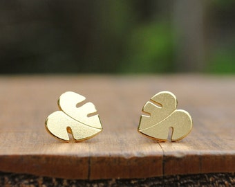 Mini Monstera leaf earrings, Gold vermeil & recycled silver