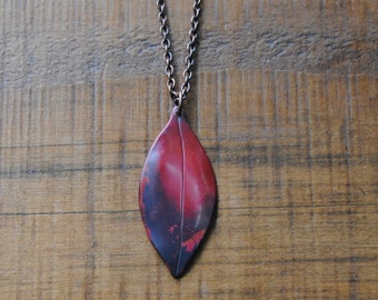 Red tones leaf necklace, recycled copper