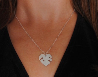 Little monstera leaf necklace, recycled silver