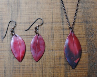 Red leaf jewellery set, recycled copper