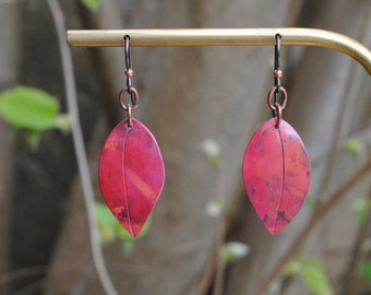 Red tones drop leaf earrings, recycled copper