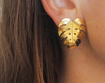 Monstera large studs, gold vermeil & recycled silver