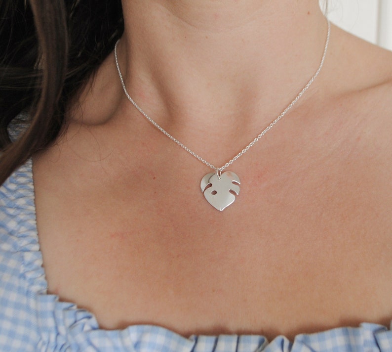 Little monstera leaf necklace, recycled silver image 1