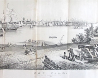 Impresión histórica antigua original de la ciudad de Nueva York - Escena del puerto de Fort Columbus, Governors Island, 1816, poco después de la guerra de 1812