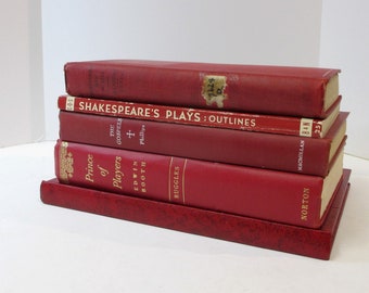 May include: A stack of six red hardcover books with gold lettering. The titles include "Shakespeare's Plays: Outlines", "The Gospels", "Prince of Players", and "Edwin Booth".
