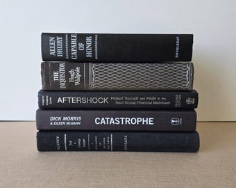 Set of 5 Black Vintage Hardcover Books with Silver Lettering for Decoration