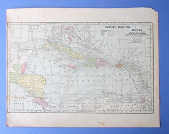 West Indies Cuba. Original Antique Map. 1902 Historic Atlas Map. ("Europe" on reverse.)