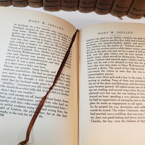 May include: An open book with a brown leather bookmark. The book is titled "Mary W. Shelley" and the text on the page discusses the life of Mary Shelley and her husband Percy Shelley. The book is part of a collection of books with the same title and author.