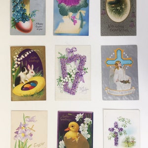 Nove antiche cartoline di Pasqua felice. Set di cartoline / biglietti d'auguri vintage originali. Scrapbooking / Artigianato / Effimero.