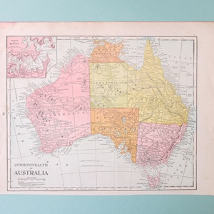 Mapa antigo original da Austrália. Mapa histórico do Atlas de 1902. (com mapa da África do Sul no verso)