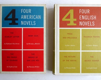May include: Two book covers with the title "Four American Novels" and "Four English Novels". The covers are divided into four squares, each featuring the title and author of a classic novel. The covers are red, blue, yellow, and green.