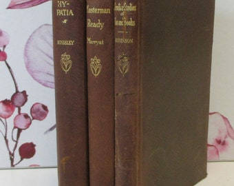 Art Nouveau Style Set of Leather Bound Antique Books. Classics of 19th Century Literature.