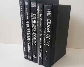 Black Vintage Book Set: Silver Lettering, Shelf Decor (5 Books)