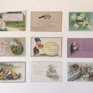 Nove antiche cartoline di Pasqua felice. Set di cartoline / biglietti d'auguri vintage originali. Scrapbooking / Artigianato / Effimero.