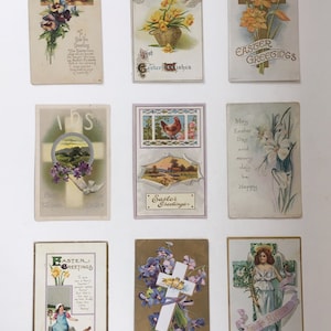 Nove antiche cartoline di Pasqua felice. Set di cartoline / biglietti d'auguri vintage originali. Scrapbooking / Artigianato / Effimero.