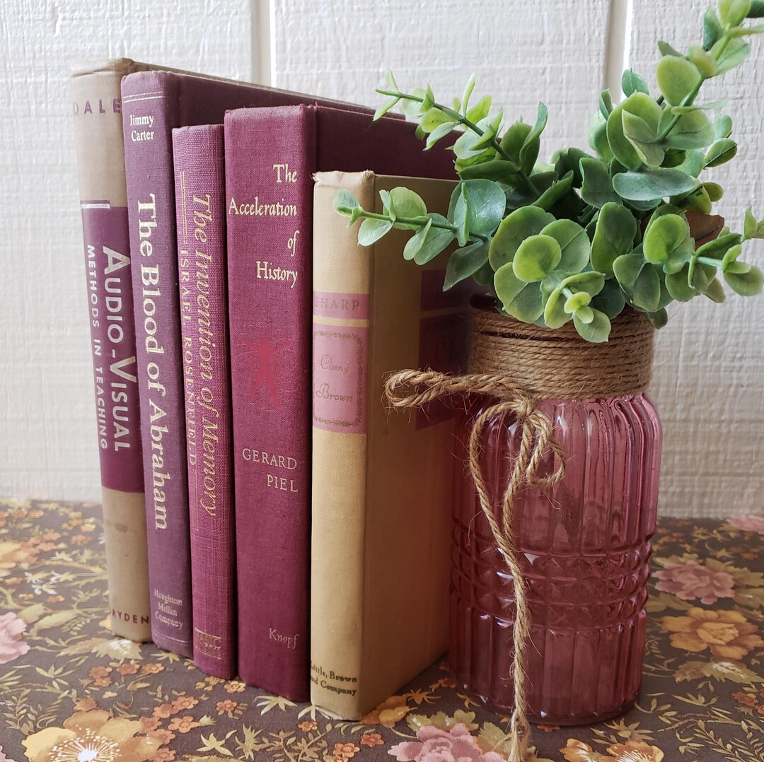 Burgundy Antique Book Collection: Vintage Maroon Book Decor, Set of 5 ...