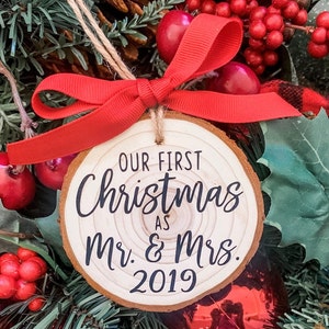 First Christmas Ornament, Rustic Wedding Ornament, Newlywed Ornament, Just Married Ornament, Christmas Wedding Gift, Wood Slice Ornament