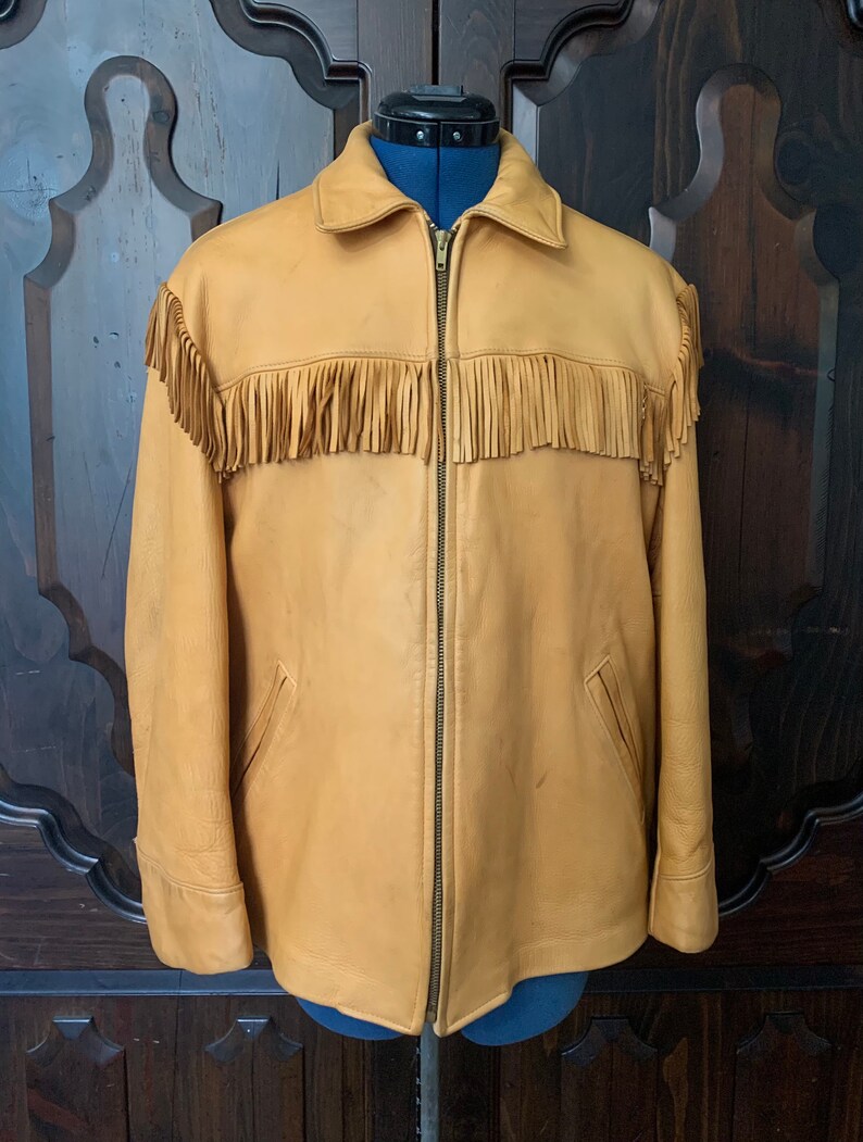 Vintage Tan Leather Jacket with Fringe and quilted shops lining