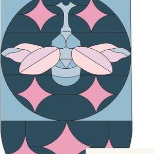 May include: An abstract design featuring a stylized insect with light blue body and wings, set against a dark teal background with pink diamond shapes. A floral logo with the text "P.S. Threads" is in the lower right corner.