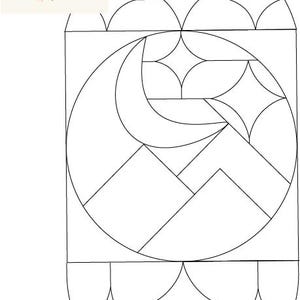 May include: A black and white line art pattern featuring a crescent moon, mountain peaks, and four-pointed stars within a circular frame. The design includes a logo in the top left corner with the text P.S. Threads surrounded by floral illustrations.