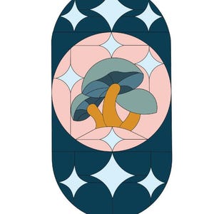 May include: A stained glass design featuring three blue mushrooms with orange stems against a pink background with white stars. The design is framed by a dark blue oval with white stars.
