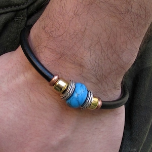 Turquoise Leather Bracelet For Men Women Beaded Gemstone Bracelet Silver Bracelet Boyfriend Gift Mens Jewelry customized to your wrist